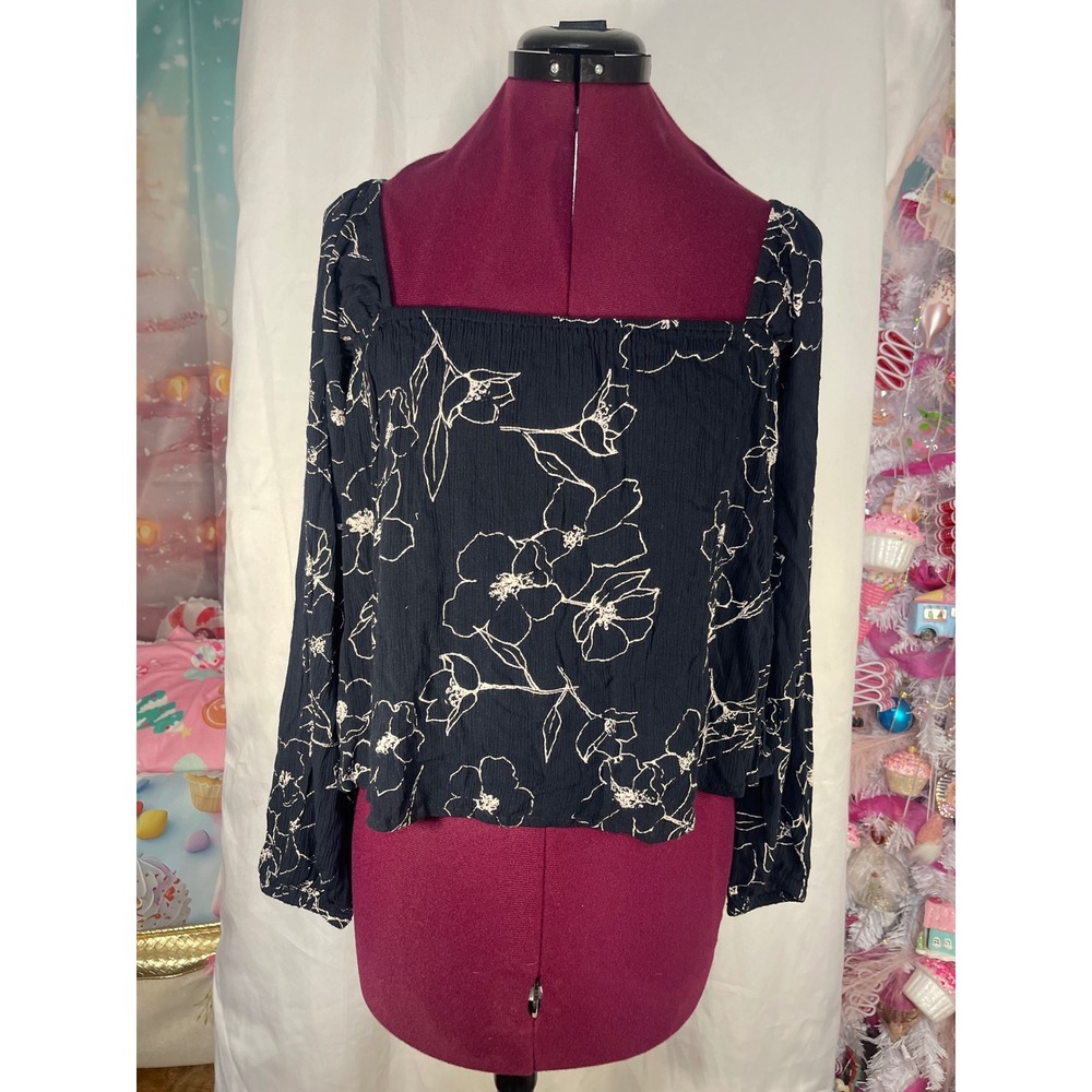 Billabong Floral Blouse Womens Small Black Good Long Sleeve Square Neck Boho Top
